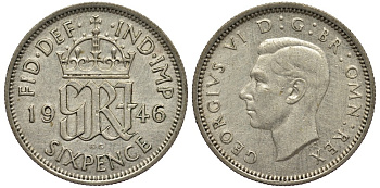 Великобритания 6 пенсов 1946 Георг VI (1936-1952) KM 852, Spink 4084 серебро 4538-621