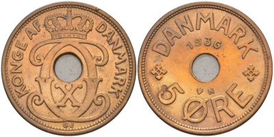 ДАНИЯ 5 ЭРЕ 1936 N; GJ, КРИСТИАН X (1912-1947) KM 828.2 бронза 69-526