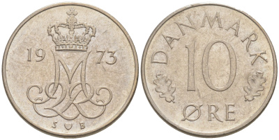 ДАНИЯ 10 ЭРЕ 1973 S; B, МАРГРЕТЕ II (1972-) KM 860.1 медно-никель 187-654