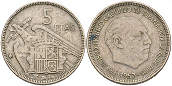 ИСПАНИЯ 5 ПЕСЕТ 1957 (64) ФРАНСИСКО ФРАНКО ДИКТАТОР ИСПАНИИ (1939-1975) KM 786 медно-никель 3853-115