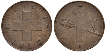 Швейцария 1 раппен 1957 KM 46 бронза 4174-138