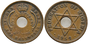 Нигерия 1/2 пенни 1959 Елизавета II (1952-), Британский протекторат KM 1 бронза 4387-343