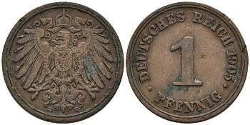 Германия 1 пфенниг 1905 E KM 10, J. 10 медь 4567-1217