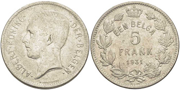 БЕЛЬГИЯ 5 ФРАНКОВ 1931 АЛЬБЕРТ I, DER BELGEN KM 98 никель 3851-333