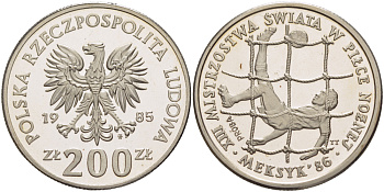 Польша 200 злотых 1985 MW, чемпионат мира по футболу в Мексике 1986 года, игрок с мячом на фоне сетки ворот, PROBA, тираж 15000 экземпляров, не магнитная KM Pr 513, Parchimowicz P.448а медно-никель PROOF 413-941