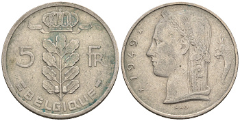 Бельгия 5 франков 1949 Леопольд III (1934-1950), Belgique KM 134.1 медно-никель 60-1155