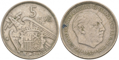 ИСПАНИЯ 5 ПЕСЕТ 1957 (64) ФРАНСИСКО ФРАНКО ДИКТАТОР ИСПАНИИ (1939-1975) KM 786 медно-никель 3853-115