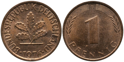 ФРГ 1 пфенниг 1976 G KM 105, J.380 сталь плакированная медью 99-335