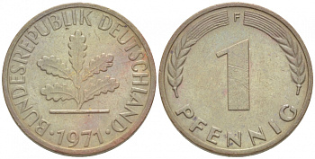 ФРГ 1 ПФЕННИГ 1971 F KM 105, J.380 сталь плакированная медью 3718-217