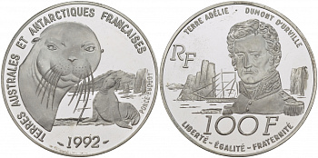 Франция 100 франков 1992 ТЮЛЕНИ, ФРАНЦУЗСКИЕ АНТАРКТИЧЕСКИЕ ТЕРРИТОРИИ KM 1010 серебро PROOF 05-095-34