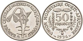 Валютное сообщество стран Западной Африки 50 франков 1996  KM 6 медно-никель  UNC  4595-736