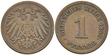 Германия 1 пфенниг 1897 E KM 10, J. 10, Weege 2 медь 211-224