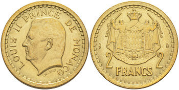 Монако 2 франка 1945 Луи II (1922-1949) KM 121а алюминиевая бронза 190-546