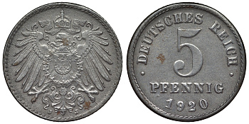 Германия 5 пфеннигов 1920 J KM 19, J. 297, Weege 5 железо 4118-1052
