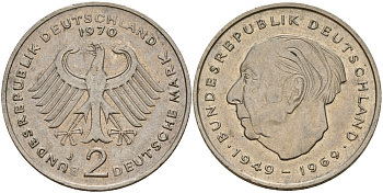 ФРГ 2 марки 1970 J, Конрад Аденауэр KM 124, J. 406 медно-никель 4159-1157