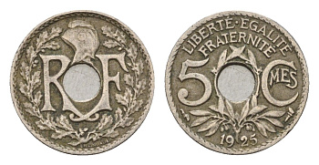 Франция 5 сантимов 1925 KM 875 медно-никель 4651-835