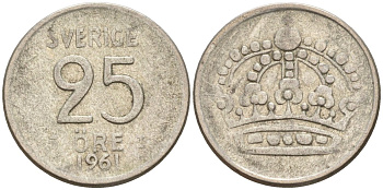 Швеция 25 эре 1961 TS, Густав VI Адольф (1950-1973) KM 824 серебро 4147-1116
