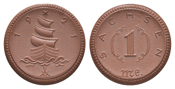 Саксония 1 марка 1921 Men05 M22281.14, Men18 27868.14, Scheuch 38a фарфор 1094-10-54