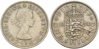 Великобритания 1 шиллинг 1954 Елизавета II (1952-2022), Английский герб KM 904, Spink 4147 медно-никель 77-114