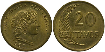 Перу 20 сентаво 1965 KM 221.2b, Schon 29.2 латунь 4539-314