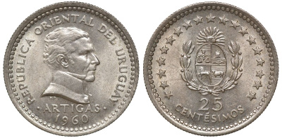 Уругвай 25 сентесимо 1960 KM 40 медно-никель 4169-919