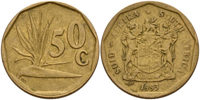 ЮАР 50 центов 1993 цветок KM 137 сталь плакированная латунью 4179-753