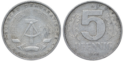 ГДР 5 ПФЕННИГОВ 1968 A KM 9.1 алюминий 62-142