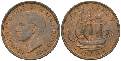 Великобритания 1/2 пенни 1938 Георг VI (1936-1952) KM 844, Spink 4115 бронза 4163-1111