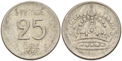 Швеция 25 эре 1961 TS, Густав VI Адольф (1950-1973) KM 824 серебро 4147-1116