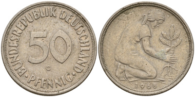ФРГ 50 пфеннигов 1968 G J. 384, KM 109.1 медно-никель    4602-722
