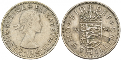 Великобритания 1 шиллинг 1954 Елизавета II (1952-2022), Английский герб KM 904, Spink 4147 медно-никель 77-114