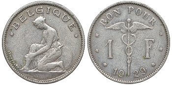 Бельгия 1 франк 1929 Belgique KM 89 никель 51-2051