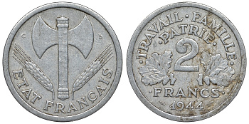 Франция 2 франка 1944 С, правительство Виши KM 904.3, Le Franc 270.6 алюминий 4123-425
