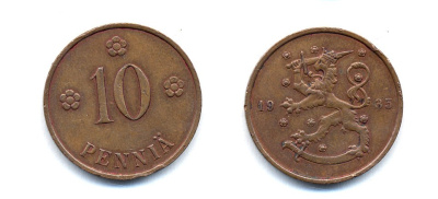 Финляндия 10 пенни 1935 республика (1918-1962) KM 24 медь 51-5437