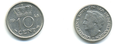 Нидерланды 10 центов 1948 Вильгельмина (1895-1948) KM 177 никель 83-957