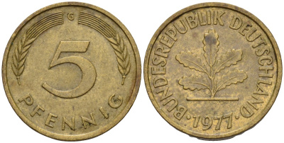 ФРГ 5 пфеннигов 1977 G KM 107, J.382 сталь плакированная латунью 4115-951