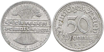 ГЕРМАНИЯ 50 ПФЕННИГОВ 1921 G KM 27, J. 301, Weege 10 алюминий 261-724