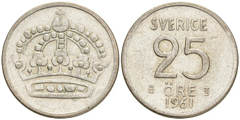 Швеция 25 эре 1961 TS, Густав VI Адольф (1950-1973) KM 824 серебро 4528-649