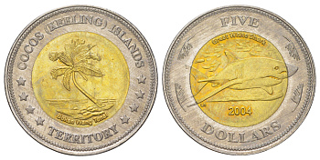 Кокосовые острова 5 долларов 2004 X 17 биметалл BU 4624-527