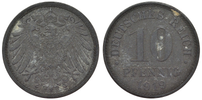 Германия 10 пфеннигов 1919 KM 26, J. 299, Weege 8 цинк 4119-347