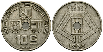 Бельгия 10 сантимов 1938 Belgique - Belgie KM 112 никель латунь 4121-533