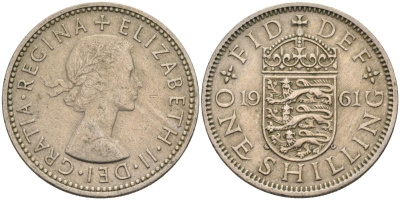 Великобритания 1 шиллинг 1961 Елизавета II (1952-2022), Английский герб KM 904, Spink 4147 медно-никель 4116-841