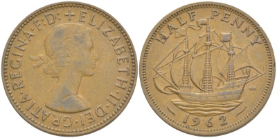 Великобритания 1/2 пенни 1962 Елизавета II (1952-2022) KM 896, Spink 4158 бронза 4544-131