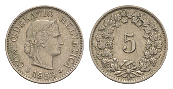 Швейцария 5 раппенов 1953 B KM 26 медно-никель 4611-726