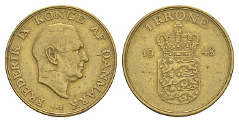 Дания 1 крона 1948 N, Фредерик IX (1947-1972) KM 837 алюминиевая бронза 4638-715