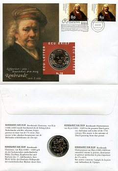 Нидерланды 1 экю 1999 Рембрандт ван Рейн, в оригинальном конверте, с марками, первый день гашения X 238 медно-никель BU 4-3-8-46