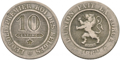 БЕЛЬГИЯ 10 САНТИМОВ 1862 BELGES KM 22 медно-никель 3853-136