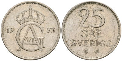 Швеция 25 эре 1973 U, Густав VI Адольф (1950-1973) KM 836 медно-никель 4364-3631