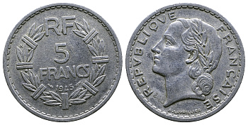 Франция 5 франков 1945 KM 888b.1, Le Franc 339.3 алюминий 4364-4323