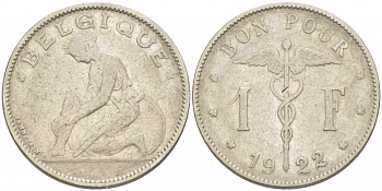 Бельгия 1 франк 1922 Belgique, Альберт I (1910-1934) KM 89 никель 261-1244
